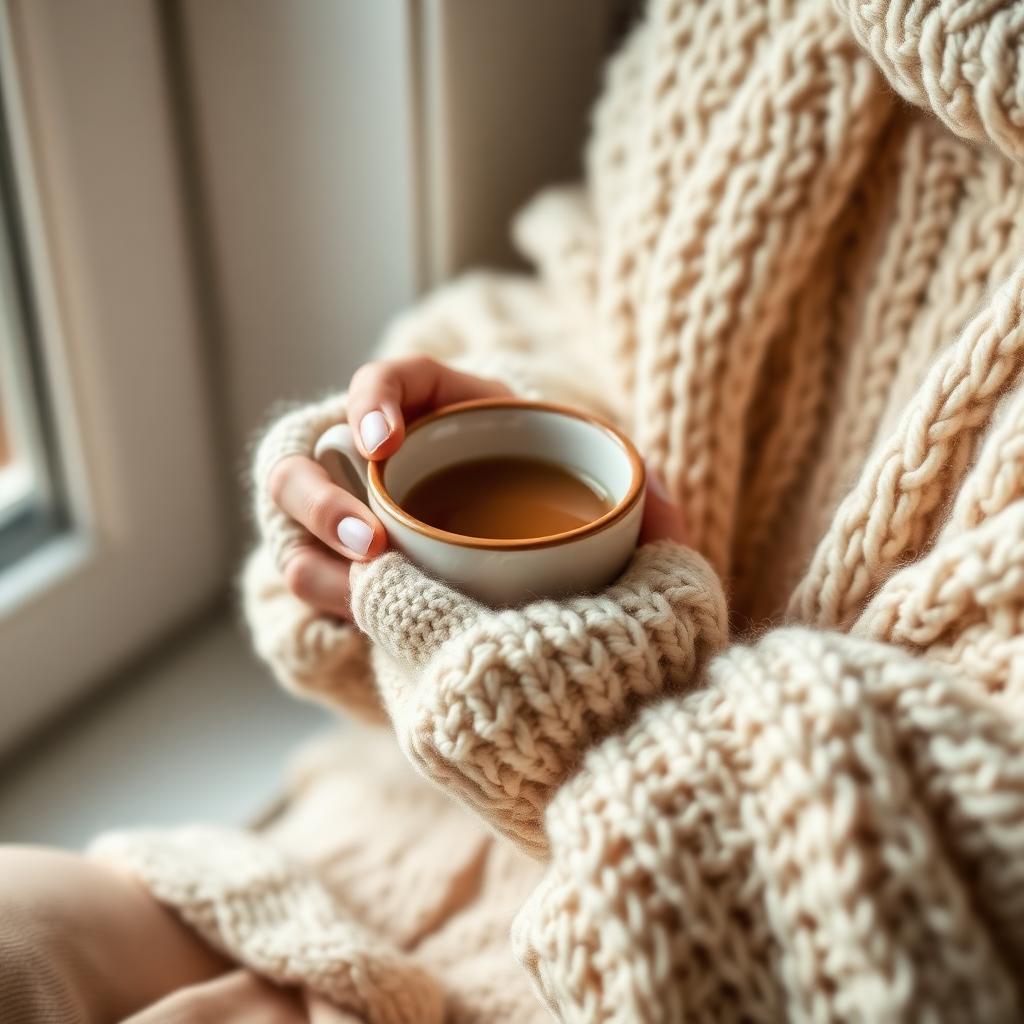 Person holding a warm mug of tea in a cozy knit sweater